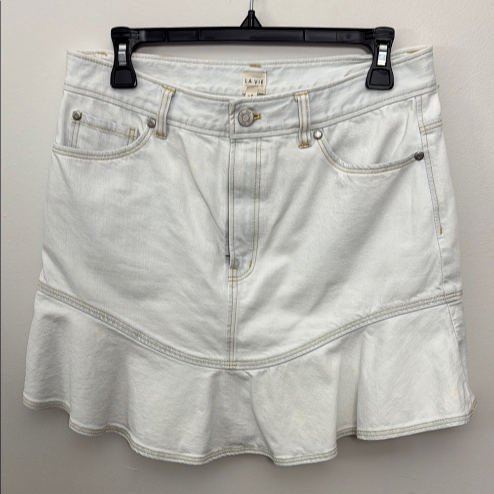 White Denim Skirt with Ruffle Hem